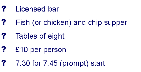 Text Box: Licensed barFish (or chicken) and chip supperTables of eight10 per person7.30 for 7.45 (prompt) start